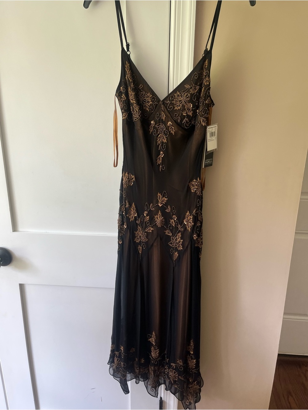 Adrianna Papell Black Slip Dress with Gold Floral Beading